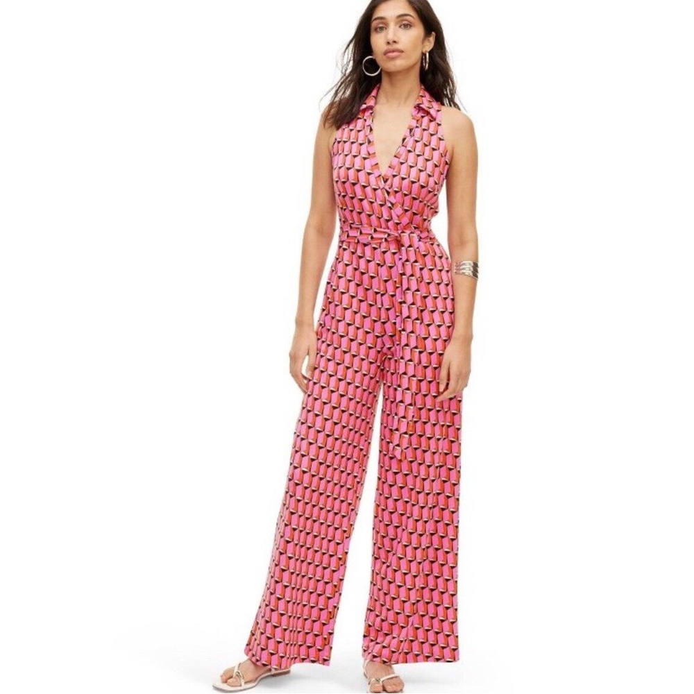 Diane Von Furstenberg Pink Geometric Halter Jumpsuit